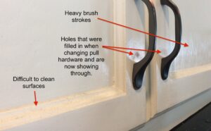 Damaged cabinet hinges with paint buildup and rust from improper repainting