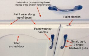 example of outdated shaker-style kitchen doors with brush marks and uneven paint finish