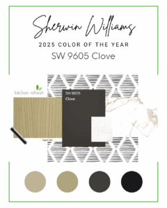 "Calm and cozy kitchen makeover using greige cabinets and bronze fixtures, styled with Sherwin-Williams Color of the Year tones and natural textures