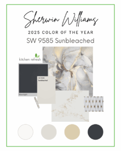 ontemporary kitchen design with sage green lowers, natural wood accents, and soft neutral uppers inspired by Sherwin-Williams trending color palettes