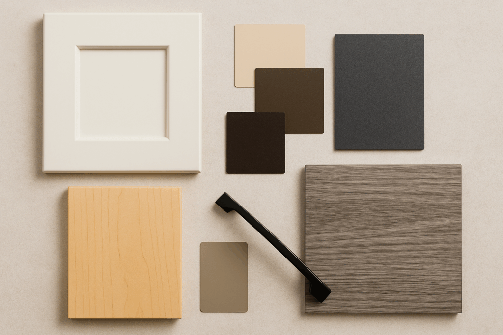 Kitchen finish samples featuring woodgrains and dark modern tones kitchen color trends