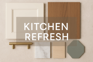 Flat lay mood board with Antique White and woodgrain cabinet samples, brushed brass hardware, marble and neutral swatches, and a green tile accent, labeled Kitchen Refresh