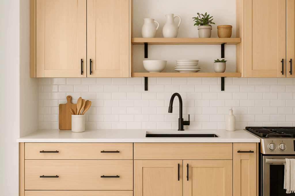 kitchen color trends Modern kitchen with Light Maple cabinet doors, matte black hardware, and open wood shelving over white subway tile backsplash