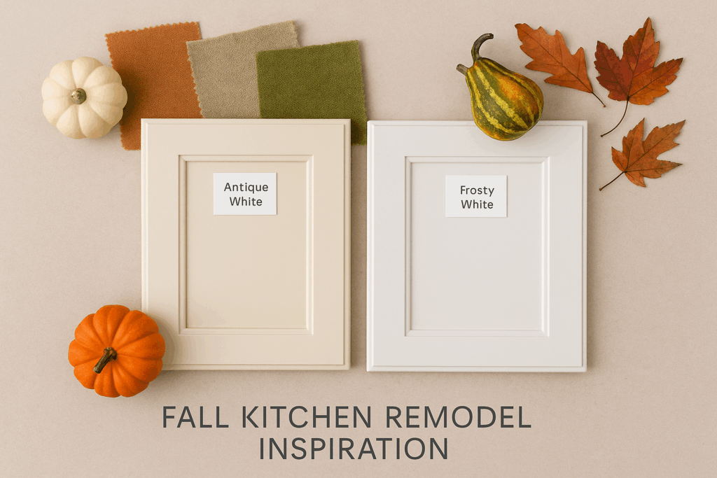 Horizontal banner showing fall kitchen remodel inspiration with cabinet samples labeled Antique White and Frosty White, warm fabric swatches, pumpkins, and autumn leaves on a neutral textured background