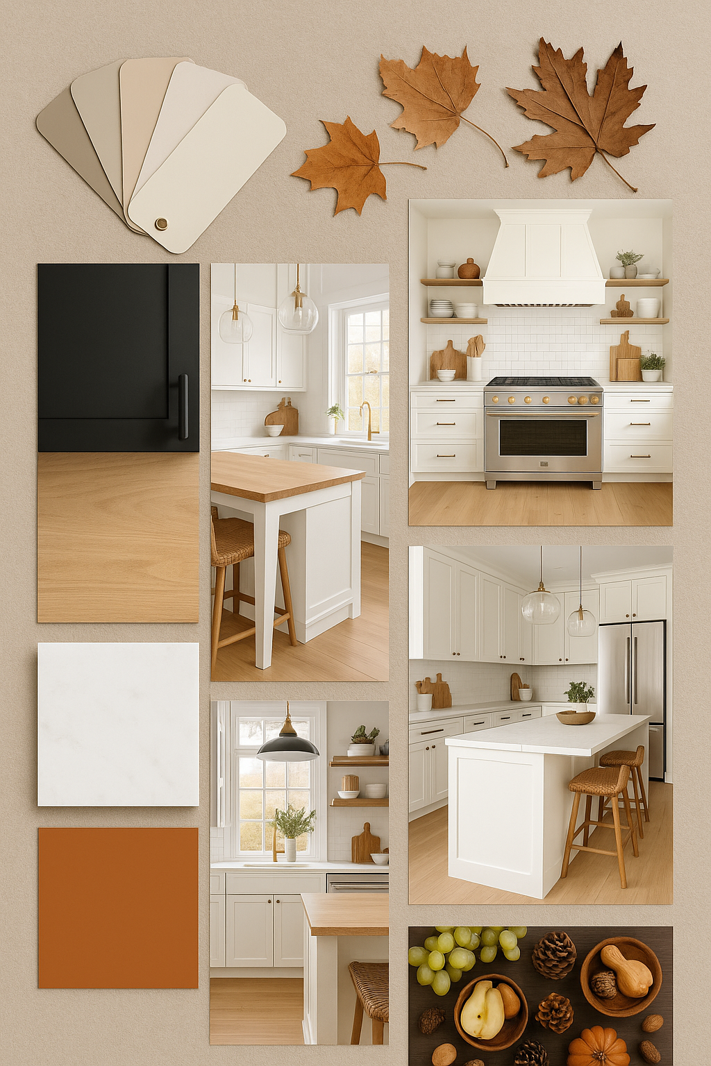 Mood board with pumpkins, fabric swatches, and frosty white cabinets for fall kitchen inspiration