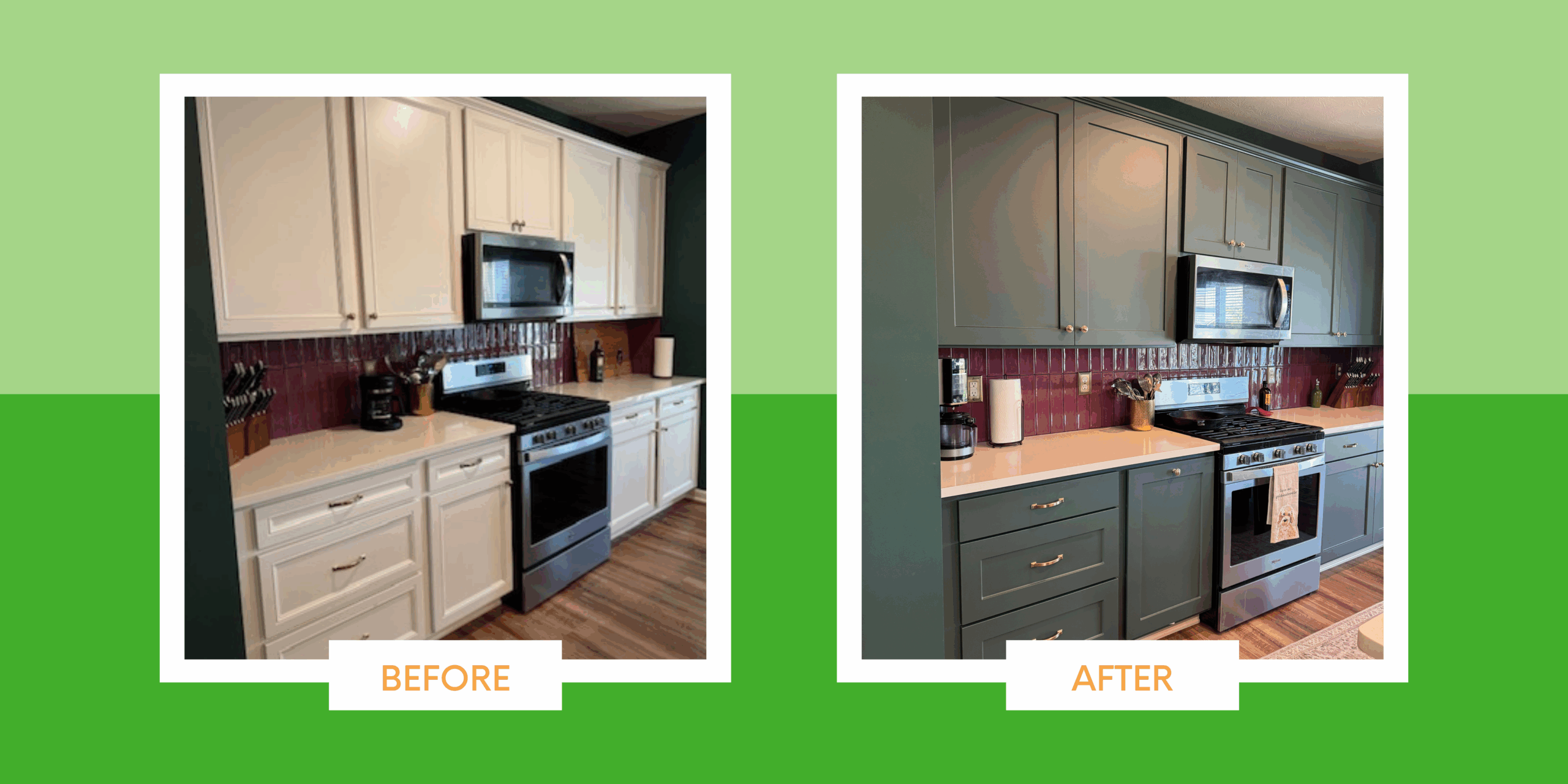 Full kitchen view showing Green Labrador cabinets, brass fixtures, and before view of kitchen refresh