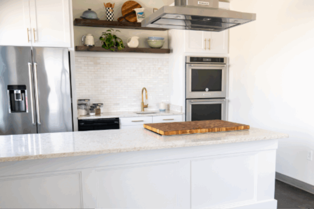 Springfield Kitchen Refresh test kitchen with white shaker doors and gold hardware