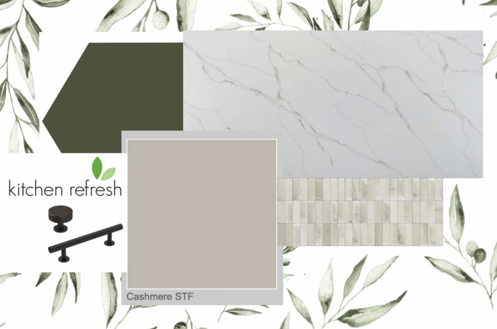 Kitchen Refresh branded design board showing Secret Garden green accent color paired with Cashmere STF neutral cabinet doors, quartz countertops, and oil rubbed bronze hardware &mdash; affordable green kitchen cabinet ideas