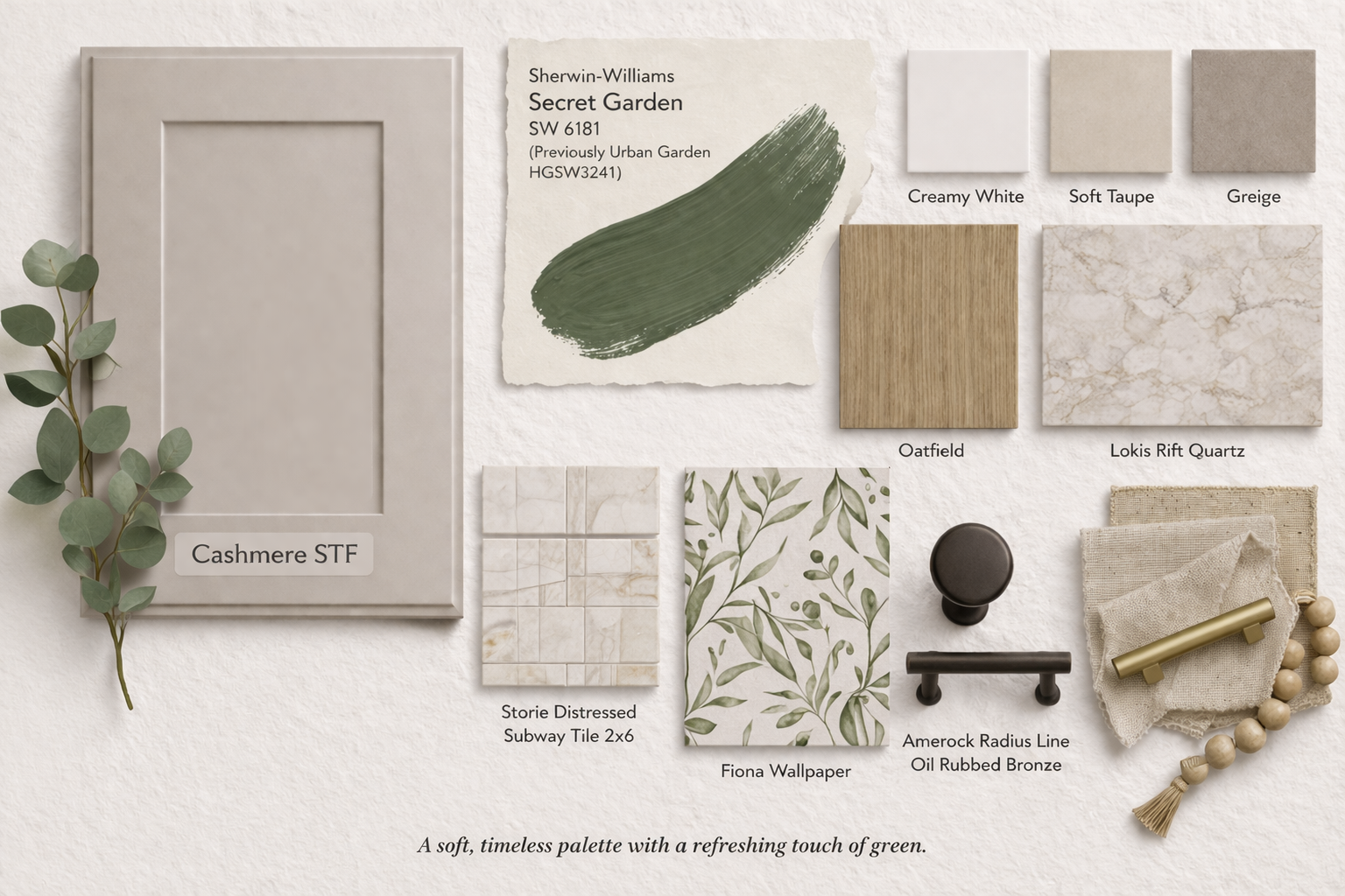 Secret Garden SW 6181 kitchen mood board featuring Cashmere Soft Touch cabinet doors, Loki's Rift quartz countertops, distressed beige subway tile, and oil rubbed bronze hardware &mdash; earthy green kitchen design by Kitchen Refresh