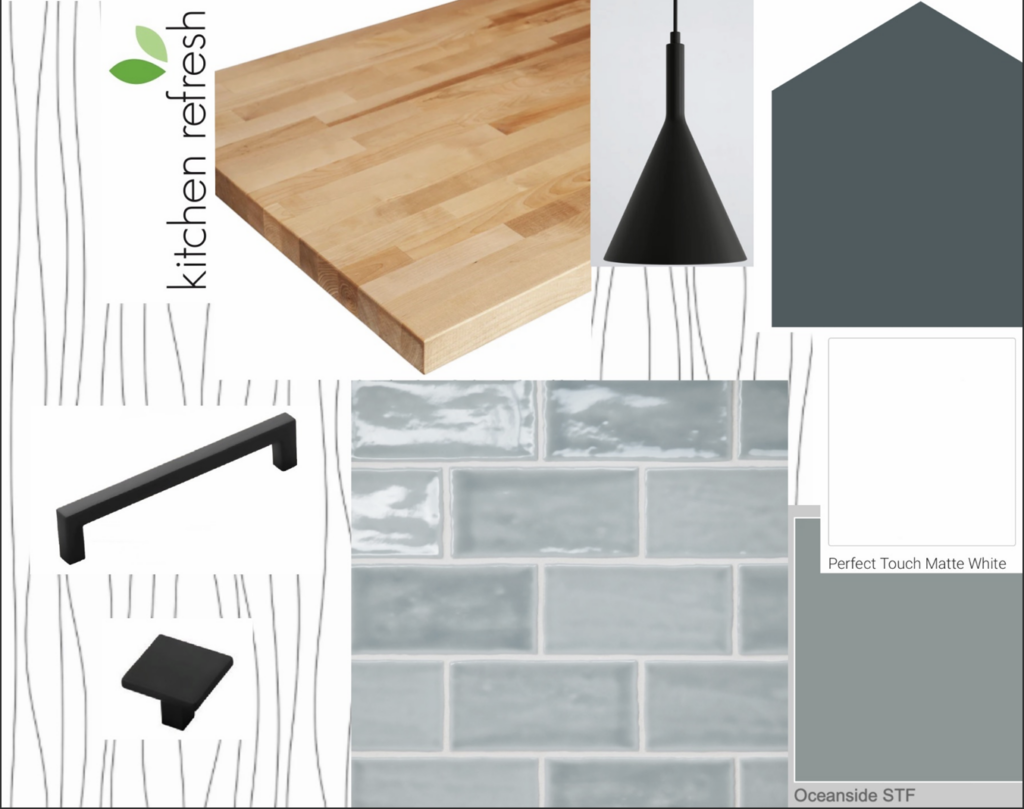 Kitchen Refresh branded design board showing Still Water accent wall with Perfect Touch Matte White Dackor doors, butcher block sample, Misty Blue tiles, and matte black hardware pieces