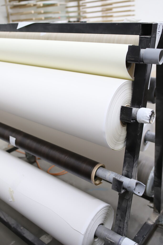 Professional-grade finishing thermofoil materials stocked at the Kitchen Refresh manufacturing facility