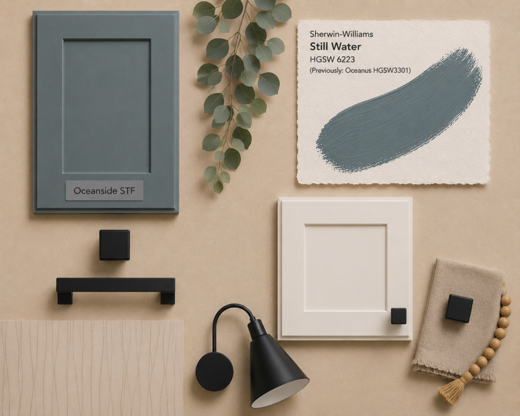 Flat-lay showing Perfect Touch Matte White Dackor sample, Oceanside STF swatch, rubberwood butcher block piece, Misty Blue ceramic tiles, and matte black hardware arranged on marble surface