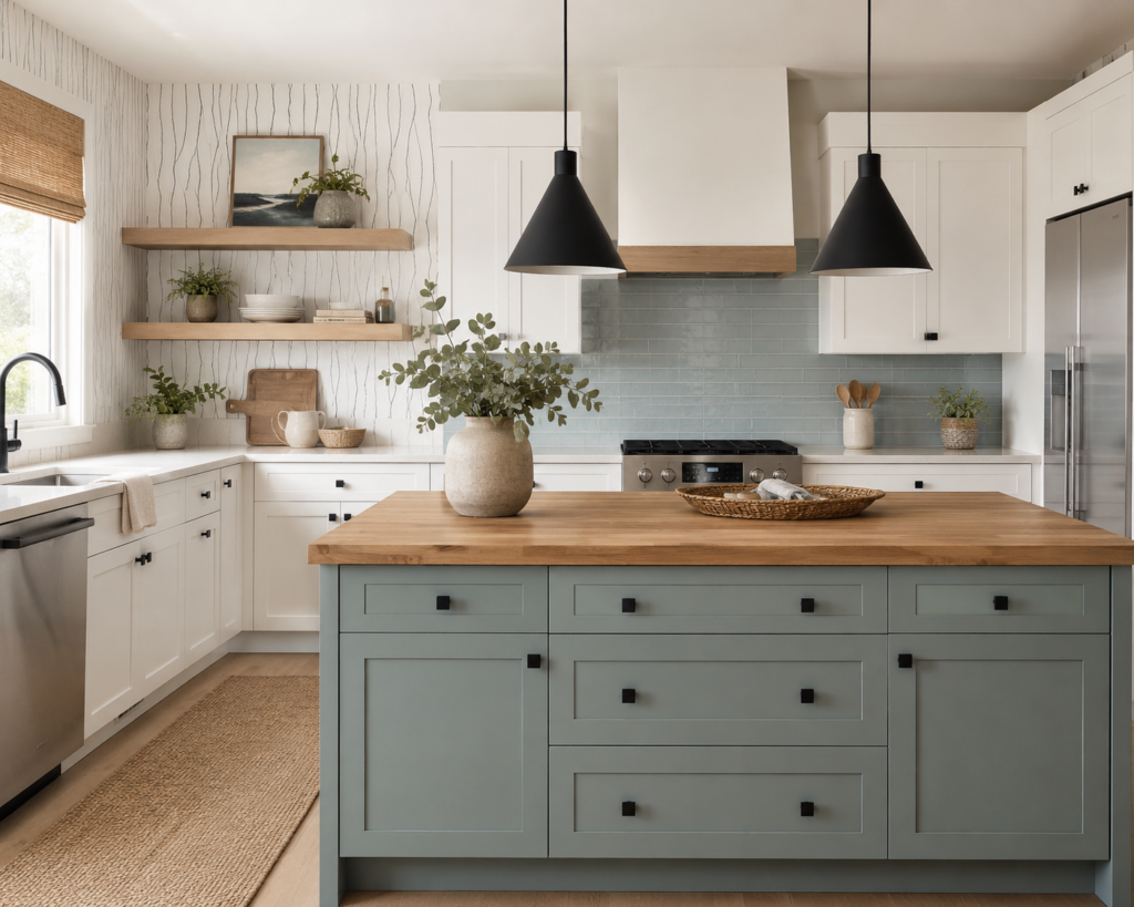 Calming blue-green kitchen with Perfect Touch Matte White Dackor cabinet doors, Oceanside STF island, butcher block countertops, and matte black hardware by Kitchen Refresh