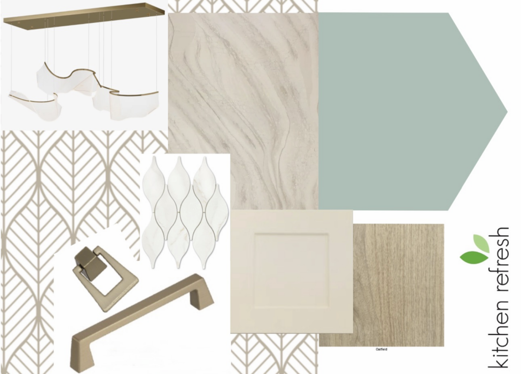 Flat-lay of celadon green kitchen materials showing Hazel HGSW 6471 swatch, Antique White and Oatfield Synergy samples, Everleigh Warm quartz, Caspian Gold teardrop glass tile, and Dusty Trail golden champagne pulls