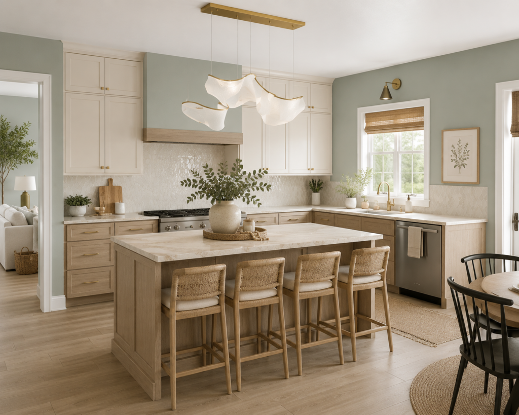 Complete celadon green kitchen design with Hazel HGSW 6471 walls, two-tone Antique White and Oatfield Kitchen Refresh cabinets, Everleigh Warm quartz countertops, and Rinkle pendant lighting