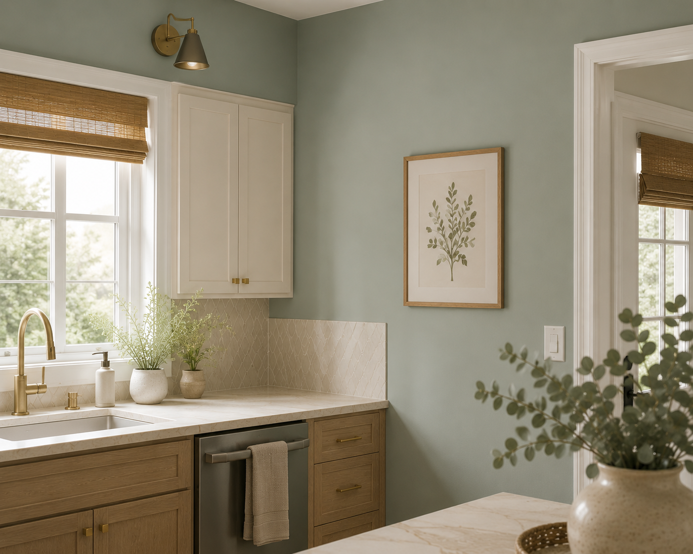 Complete celadon green kitchen design with Hazel HGSW 6471 walls, two-tone Antique White and Oatfield Kitchen Refresh cabinets, Everleigh Warm quartz countertops, and Rinkle pendant lighting