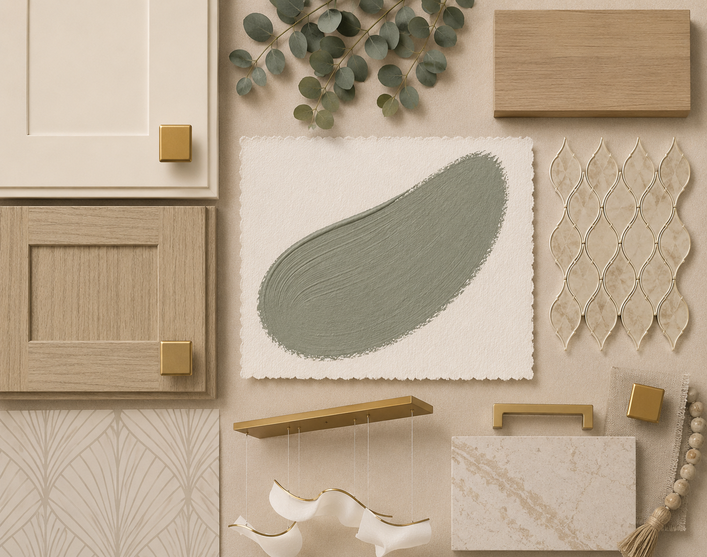  Flat-lay of celadon green kitchen materials showing Hazel HGSW 6471 swatch, Antique White and Oatfield Synergy samples, Everleigh Warm quartz, Caspian Gold teardrop glass tile, and Dusty Trail golden champagne pulls