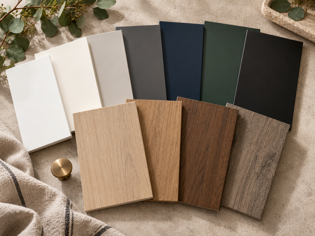 Cabinet finish samples in satin whites, greys, navy, forest green, black, and natural wood grain tones