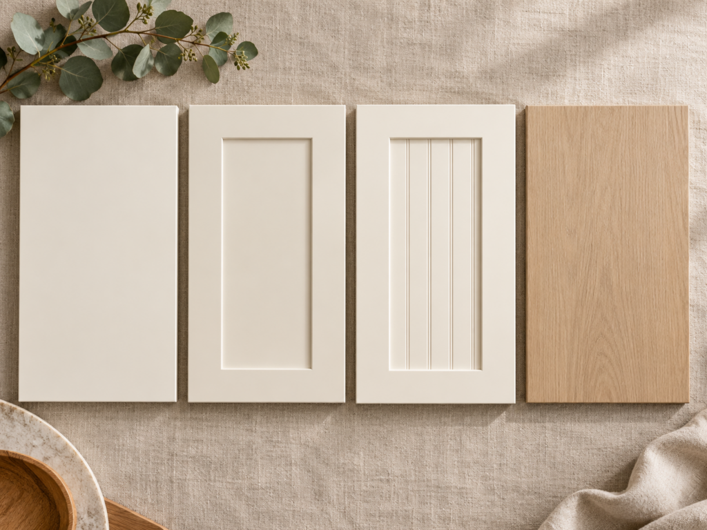 Four modern cabinet door samples showing slab, shaker, beadboard, and eco-friendly slab door styles