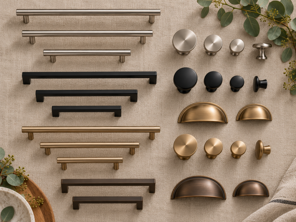 Modern cabinet hardware including stainless bar pulls, matte black pulls, domed knobs, and brass cup pulls