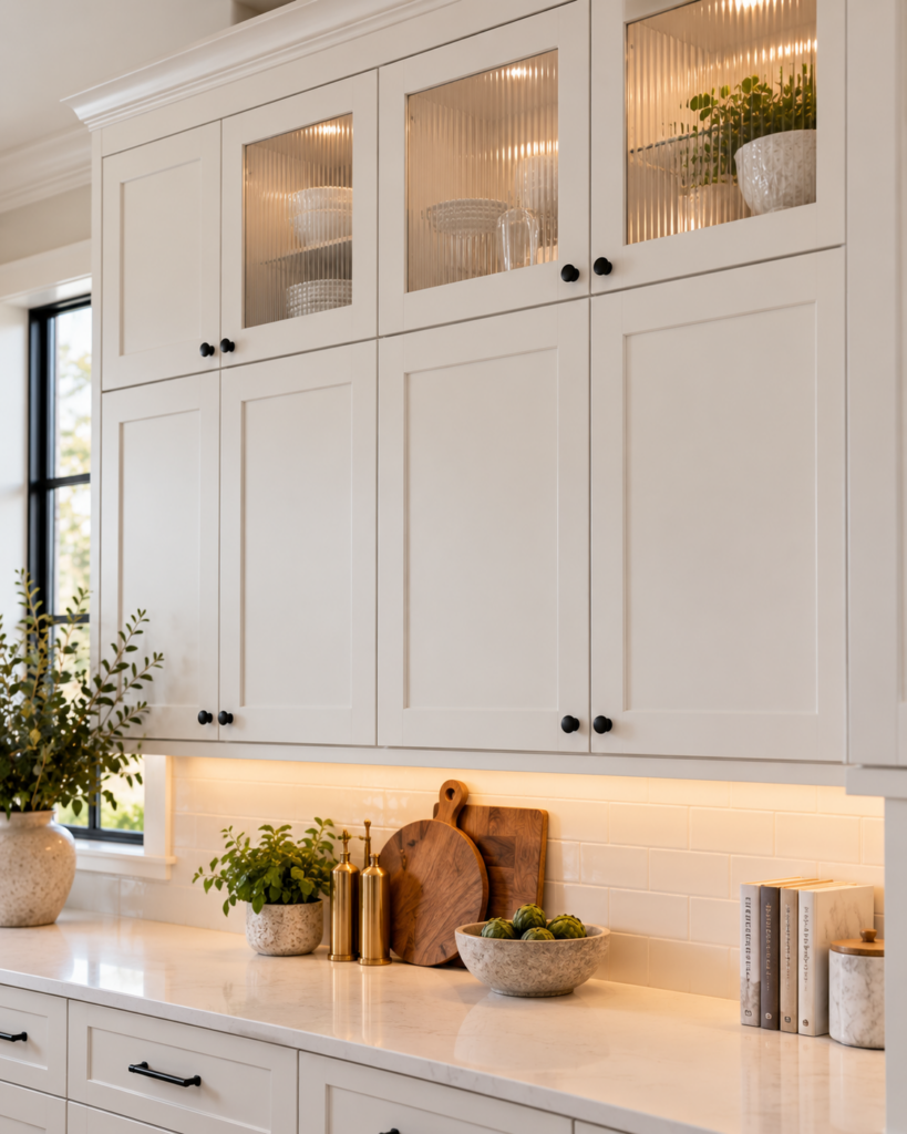 White shaker upper cabinets with reeded glass top light doors displaying dishes and glassware