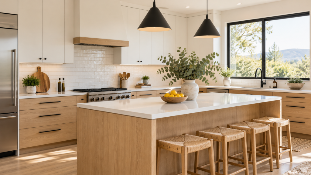 Modern kitchen with white slab upper cabinets, white oak wood grain lower cabinets, and matte black bar pulls