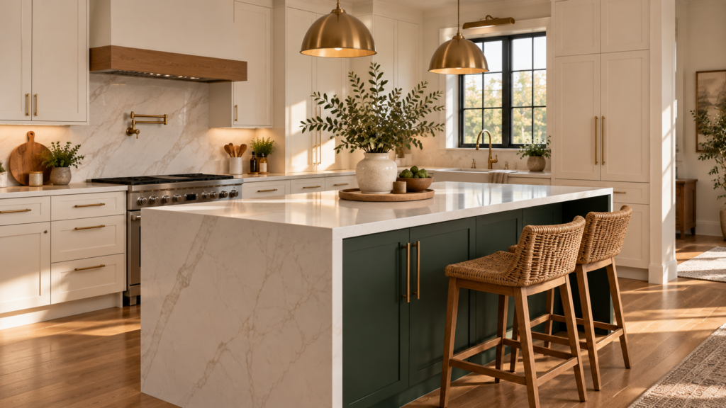 Modern kitchen with a deep green slab cabinet island, brushed gold pulls, and warm white perimeter cabinets