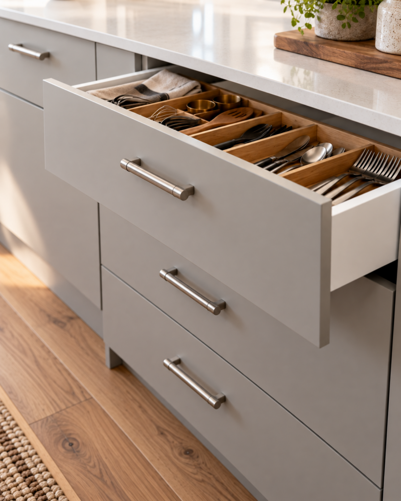 Light grey slab kitchen drawer fronts with stainless steel bar pulls and an open white drawer box