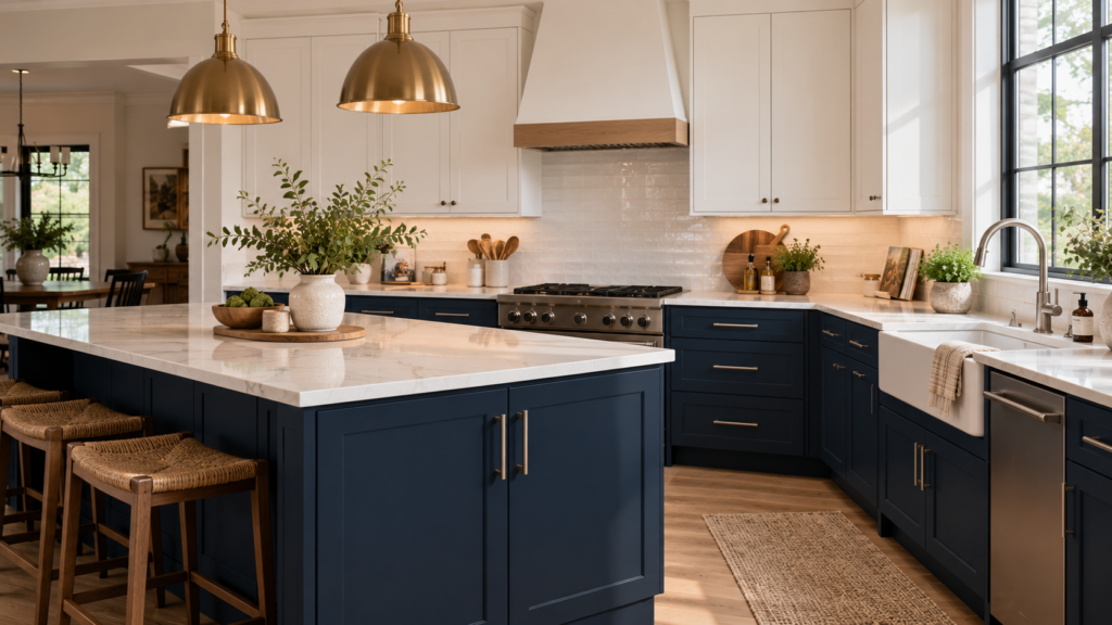 Two-tone modern kitchen with navy blue lower cabinets, white upper cabinets, and satin nickel pulls