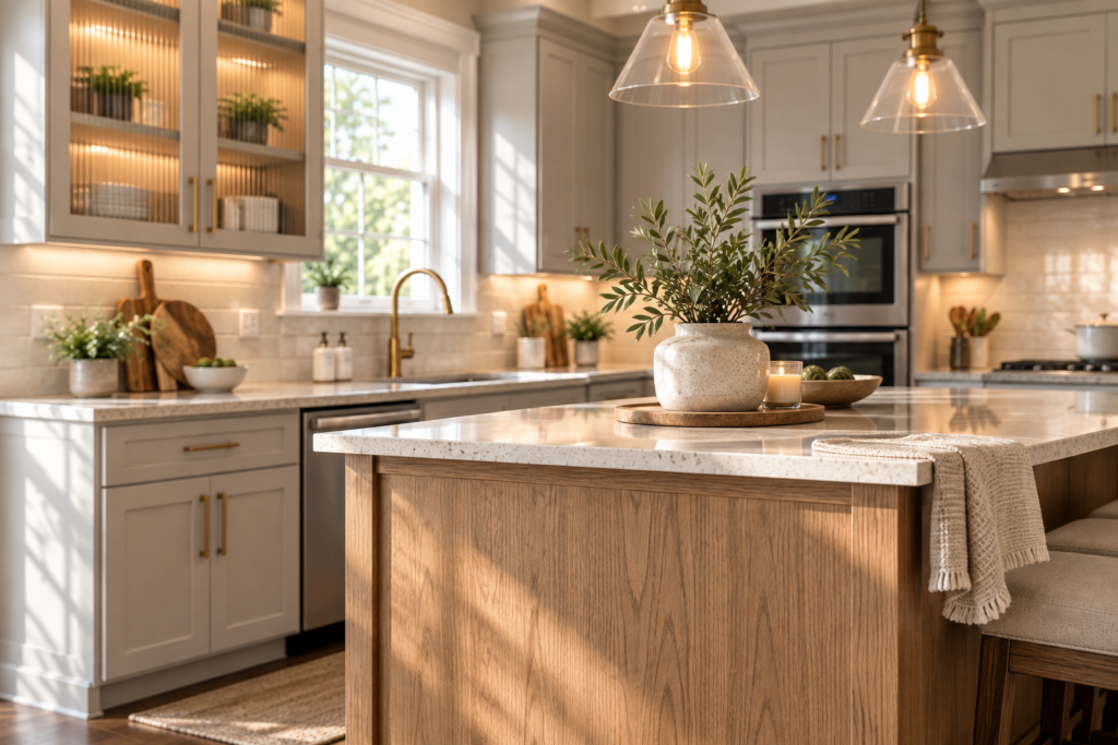 Warm woodgrain slab kitchen island in front of upper cabinets with reeded glass top panels