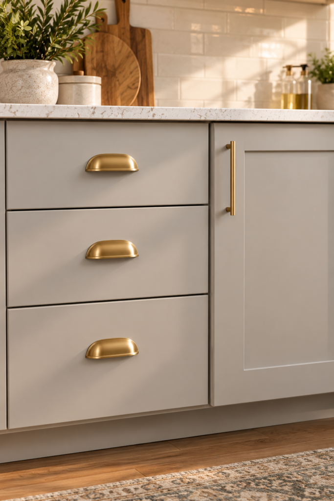 Warm gray shaker cabinets with face frames and side panels painted to match the doors for a seamless look