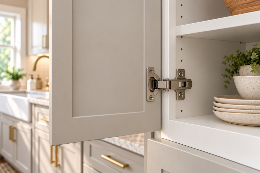 Open gray cabinet door showing a concealed soft-close hinge mounted inside the cabinet