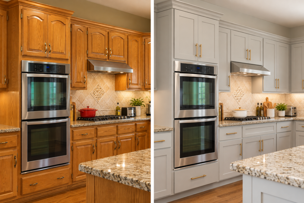Side-by-side of glossy arched oak cabinets with exposed hinges and updated satin gray shaker cabinets with slim gold pulls