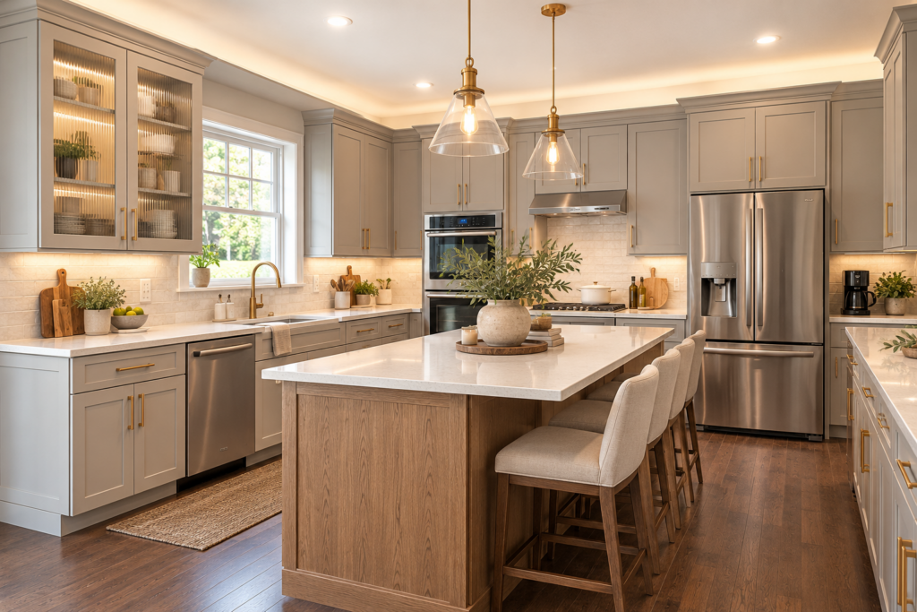 Kitchen with slim warm gray shaker cabinets, a woodgrain island, brushed gold pulls and reeded glass upper doors