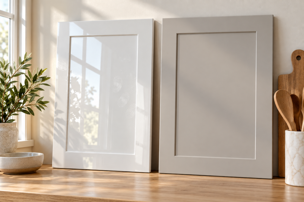 High-gloss white cabinet door sample with glare next to a soft satin gray sample with a low-sheen finish