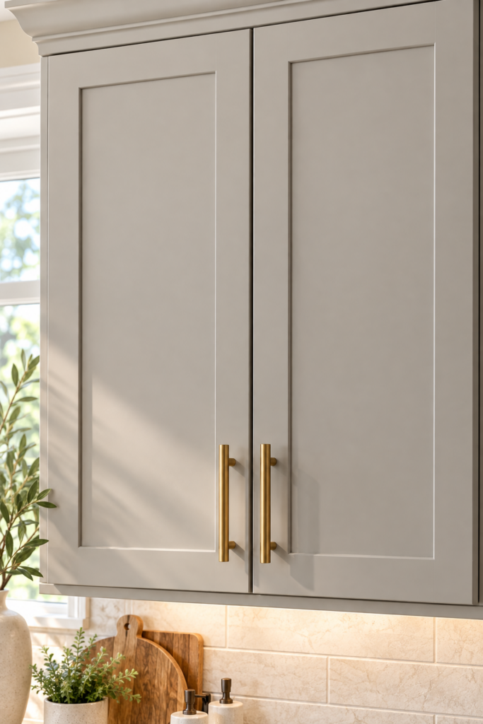 Close-up of a slim shaker cabinet door with narrow rails and stiles in a satin finish