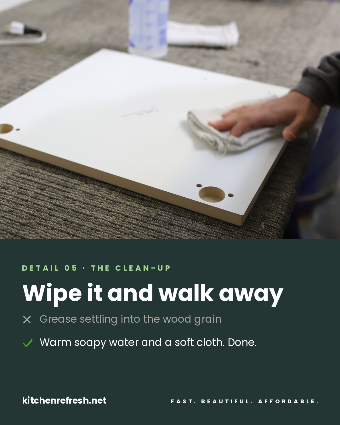 How to clean thermofoil cabinet doors with warm soapy water and a soft cloth