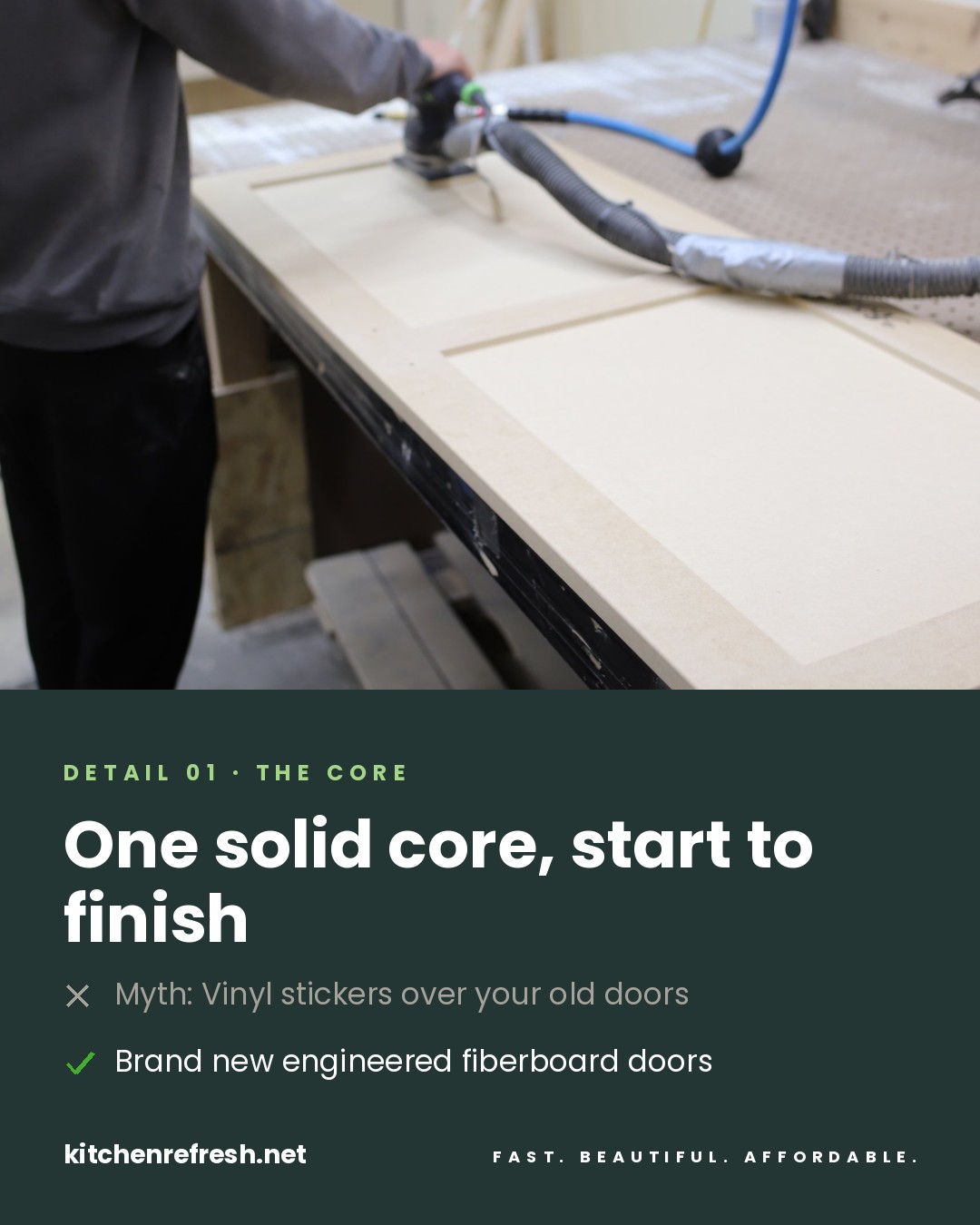 Thermofoil vs wood cabinet doors myth: not vinyl stickers, but brand new engineered fiberboard doors from Kitchen Refresh