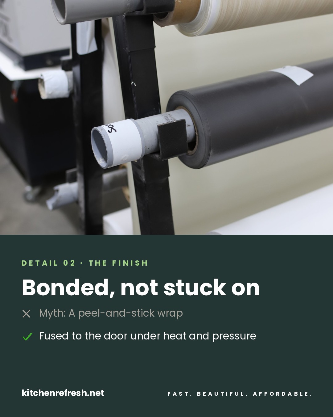 Thermofoil cabinet door finish bonded under heat and pressure, not a peel and stick vinyl wrap