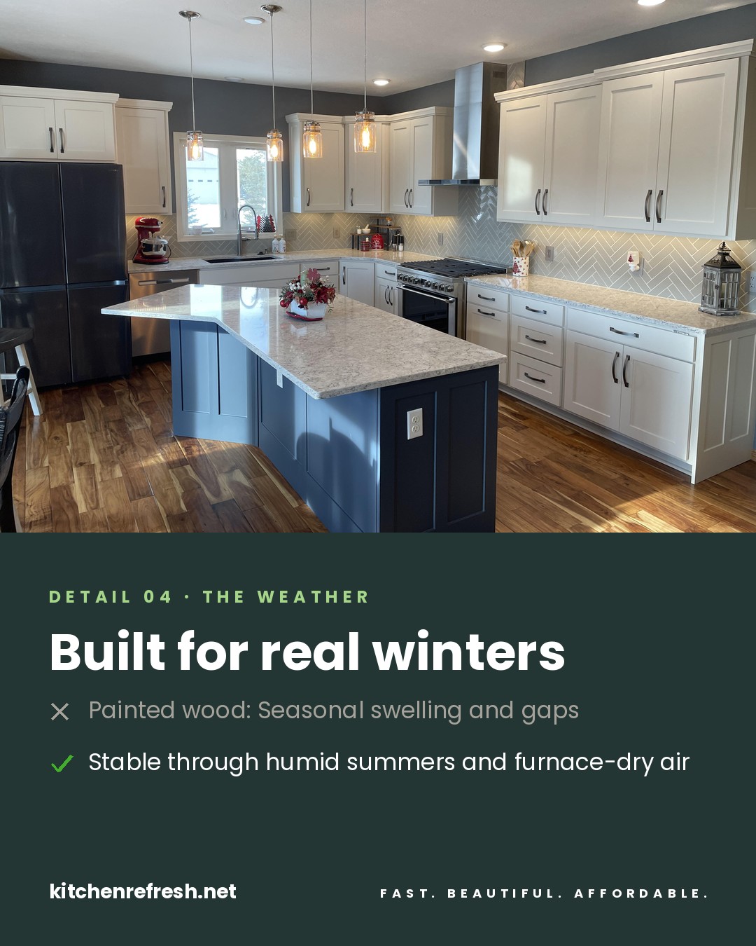 Thermofoil cabinet doors stay stable in humid summers and dry winters, unlike painted wood that swells and gaps